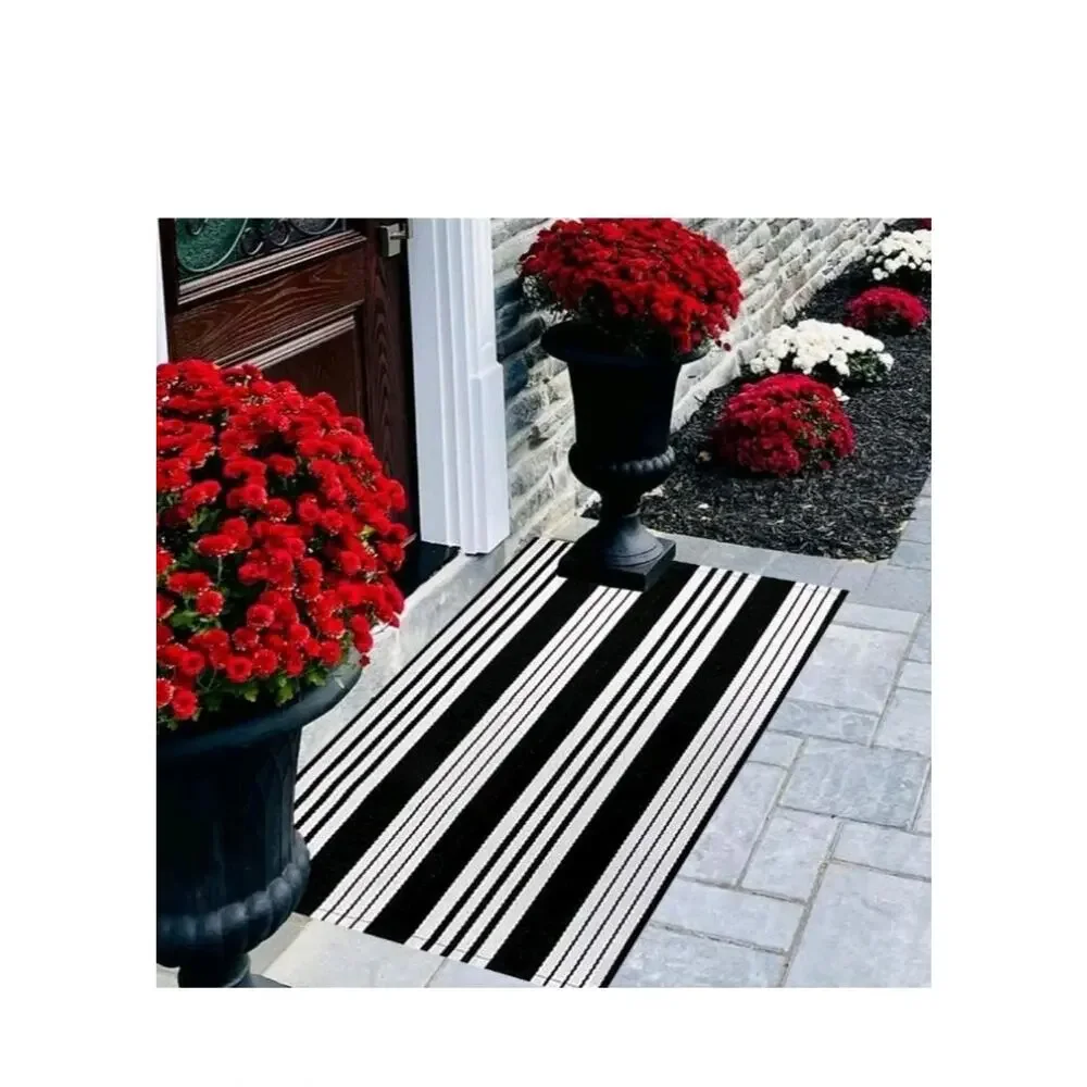 Front Porch Rug 2x3 Black and White Striped Outdoor Rug Washable